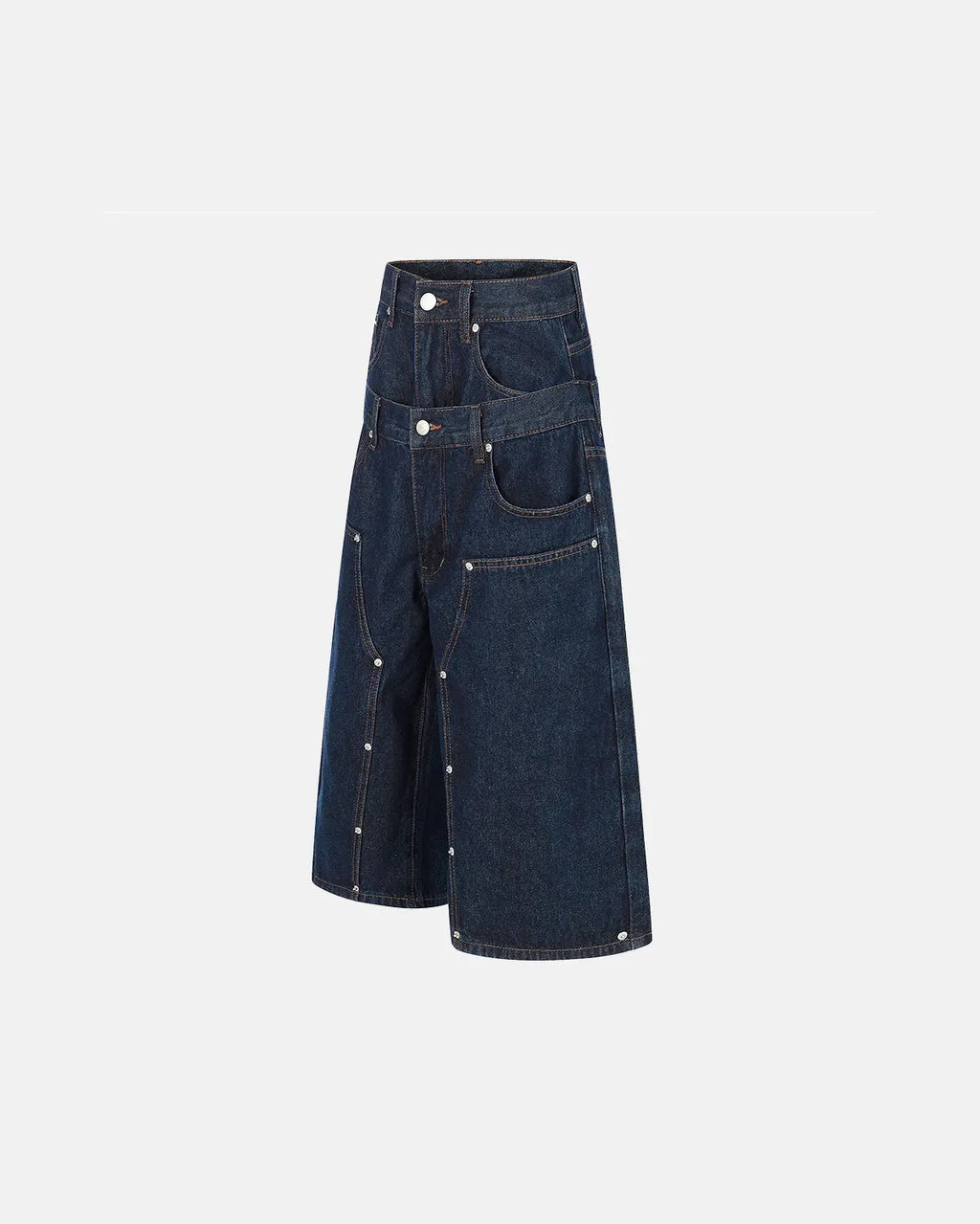 Inflation Streetwear double waist studded denim long jorts, stylish pants with metal stud accents and a relaxed fit.