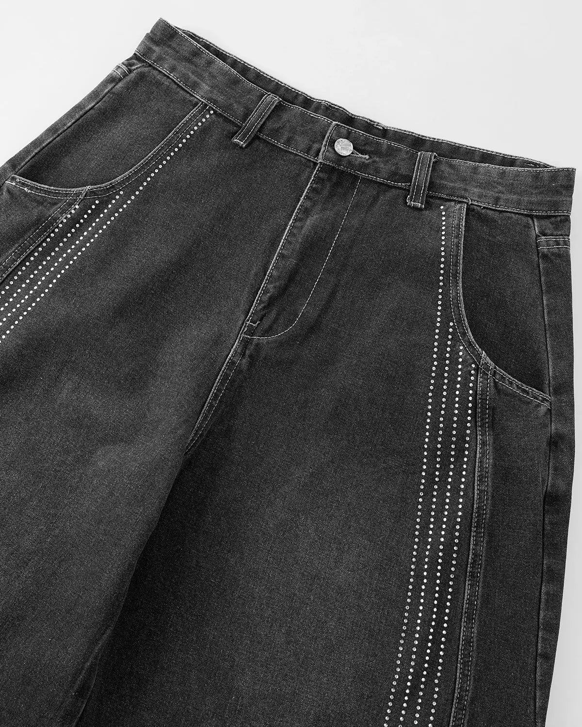 Inflation Front Striped Rhinestone Barrel Jeans featuring bold stripes and sparkling rhinestones on stylish pants.