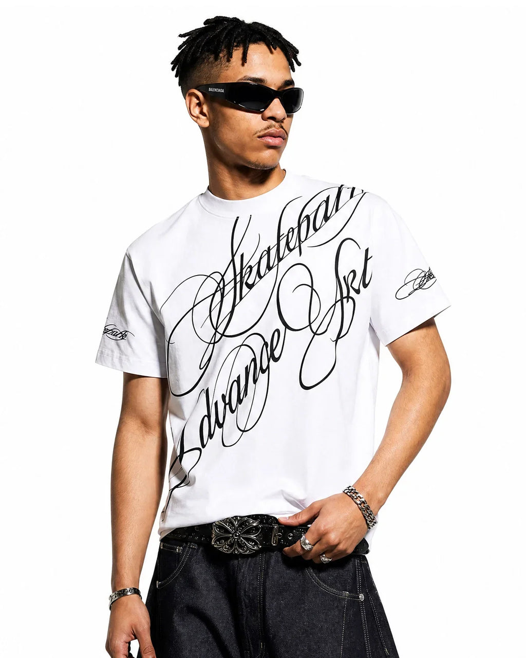 Inflation Streetwear All-Over Script Graphic T-Shirt featuring bold logo design on white fabric, casual streetwear style.