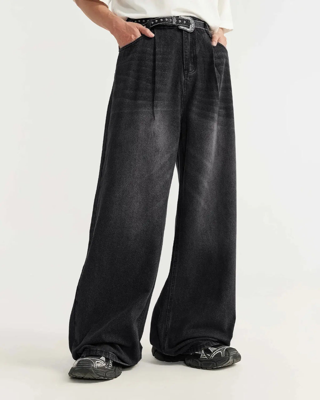 Flation Chill wide leg denim pants featuring a relaxed fit and classic blue denim fabric, styled for streetwear fashion.