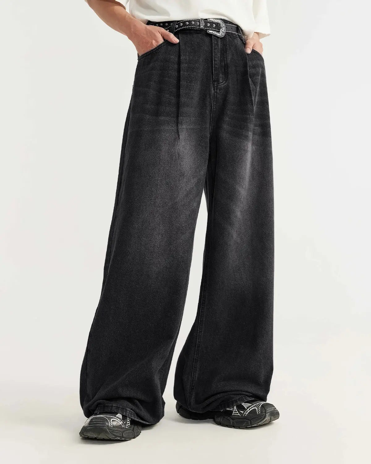 Flation Chill wide leg denim pants featuring a relaxed fit and classic blue denim fabric, styled for streetwear fashion.