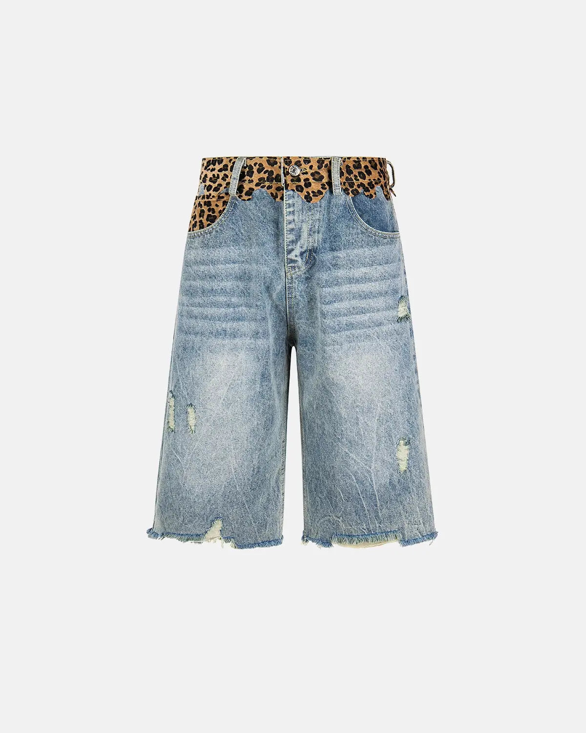 Leopard patchwork jorts by Inflation Streetwear, casual denim pants with mixed animal print and distressed details.
