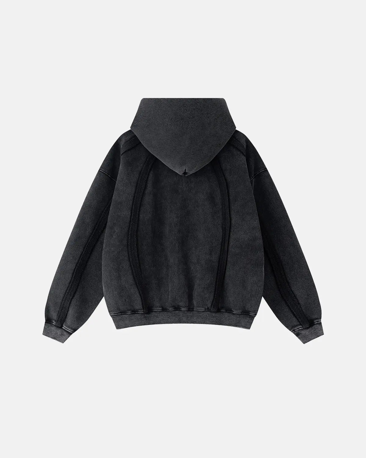 Inflation Streetwear snow washed raw edge boxy zip-up hoodie displayed on a hanger, showing its relaxed fit and distressed details.