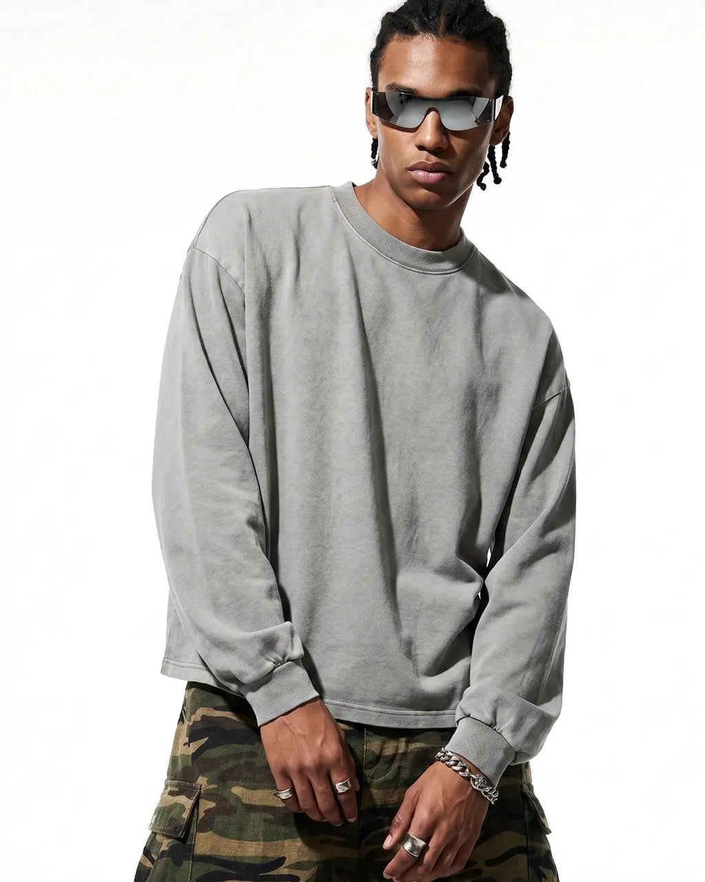 Distressed washed long sleeve tee by Flation Streetwear featuring a relaxed fit and worn-in vintage style.