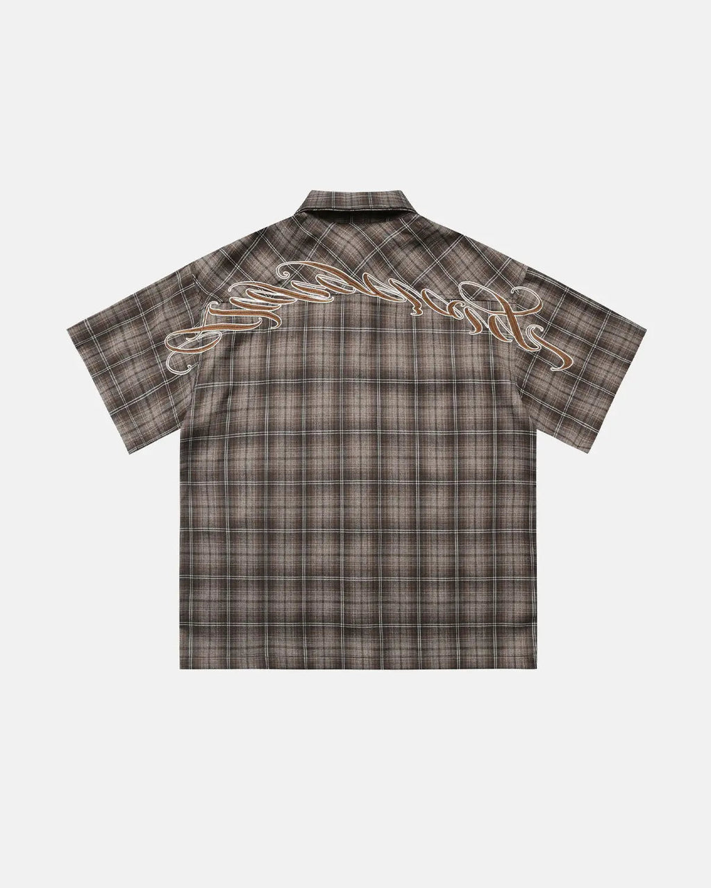 Inflation Streetwear plaid script embroidered shirt featuring a casual button-up design with embroidered branding on the front.