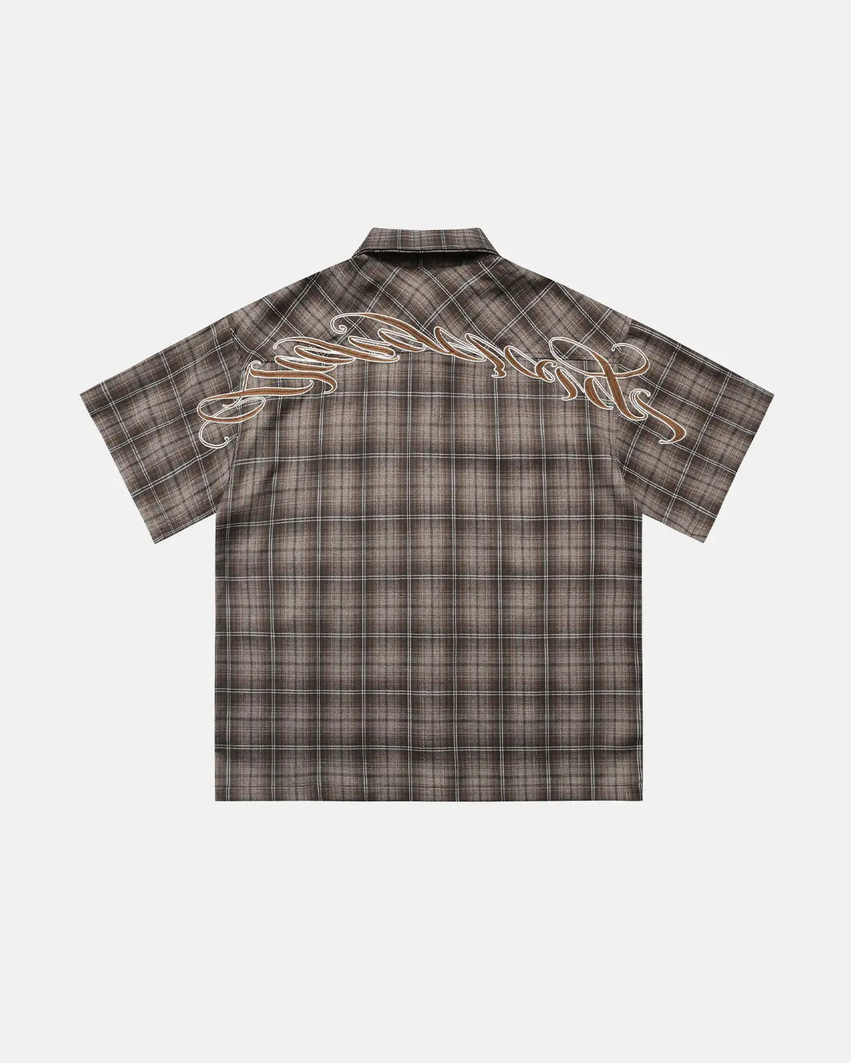 Inflation Streetwear plaid script embroidered shirt featuring a casual button-up design with embroidered branding on the front.