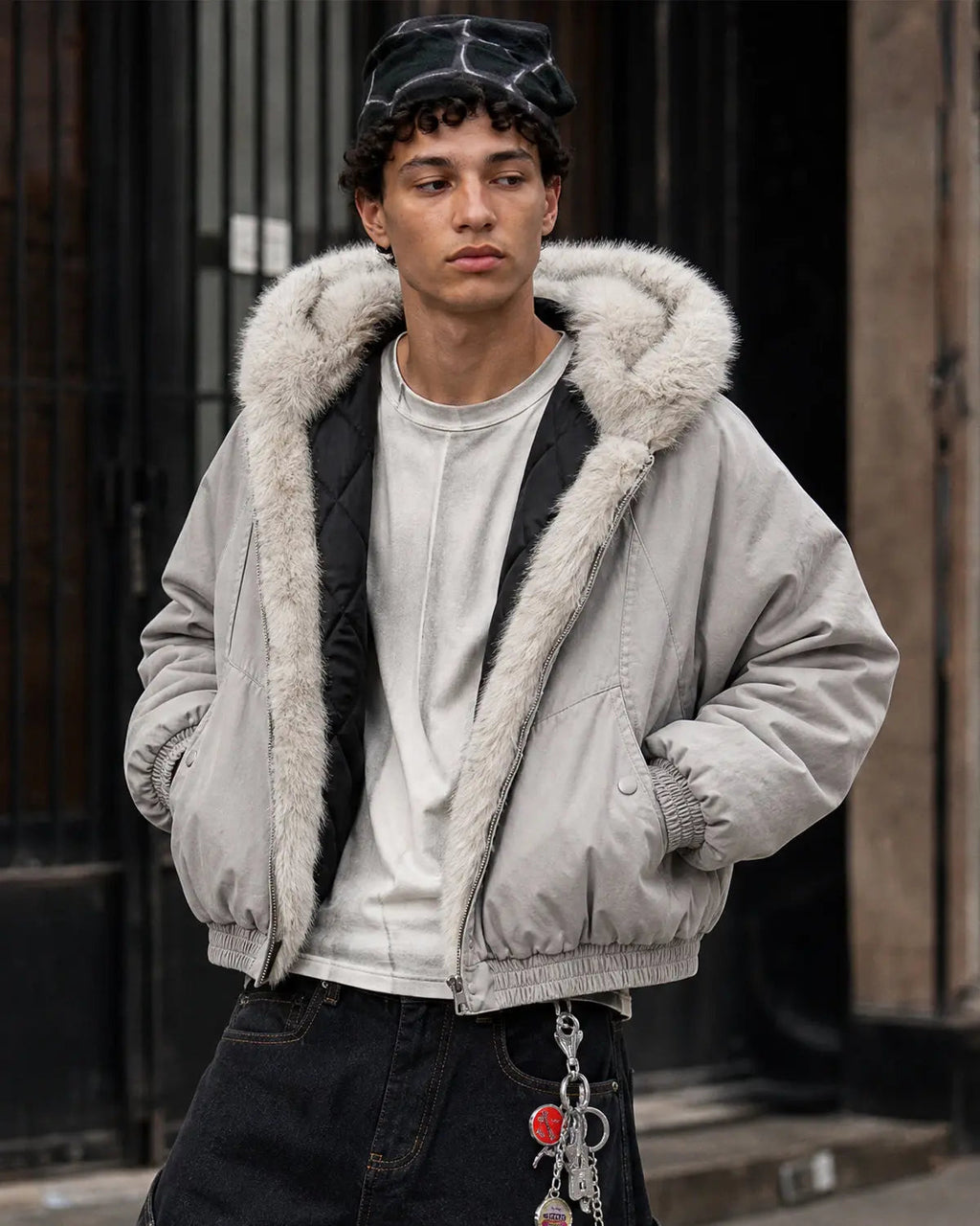 Inflation streetwear faux fur lined bomber hooded jacket, black with zipper closure and adjustable drawstrings, displayed on a hanger.