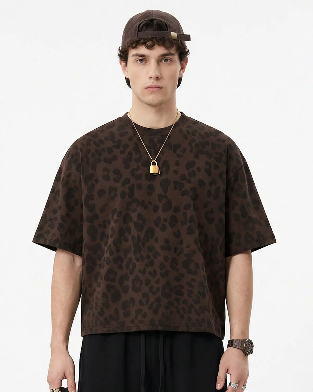 Leopard print boxy T-shirt by INFLATION Streetwear, featuring a relaxed fit and bold animal print design.