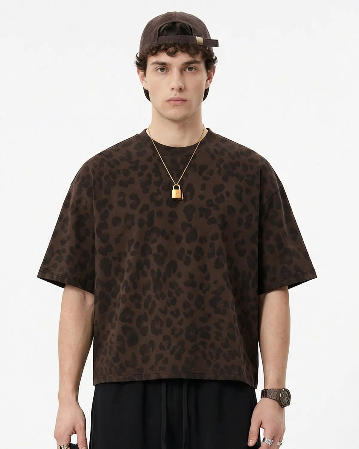 Leopard print boxy T-shirt by INFLATION Streetwear, featuring a relaxed fit and bold animal print design.