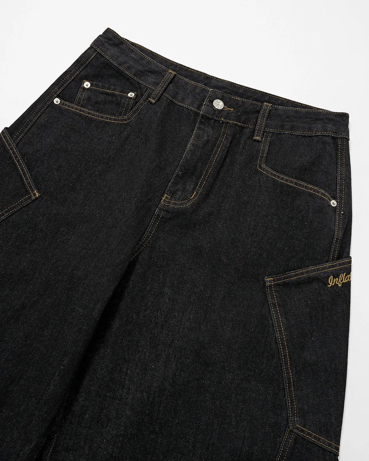 Inflation Super Raw Barrel Jeans by Flation, featuring distressed raw denim with a relaxed fit and streetwear style.