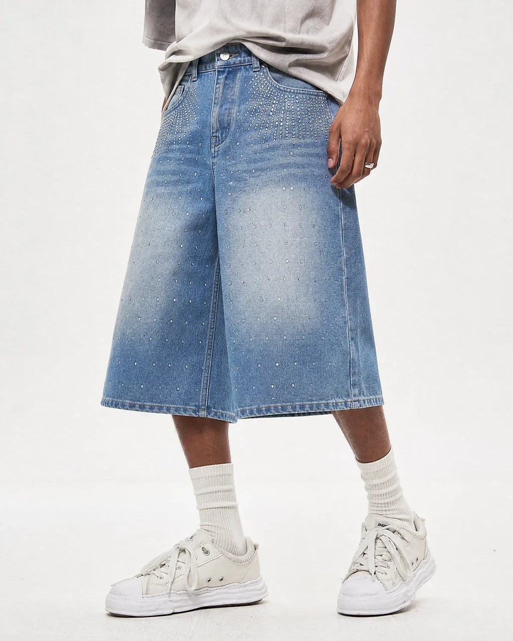 Blue rhinestone baggy jeans shorts by Flation, casual streetwear pants with rhinestone embellishments, relaxed fit and stylish design.