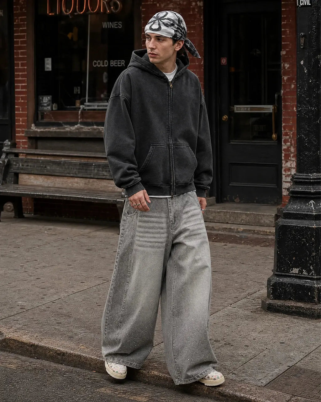 Vintage washed Flation zip-up hoodie with front pockets and adjustable drawstrings, featuring a relaxed fit and soft fabric.