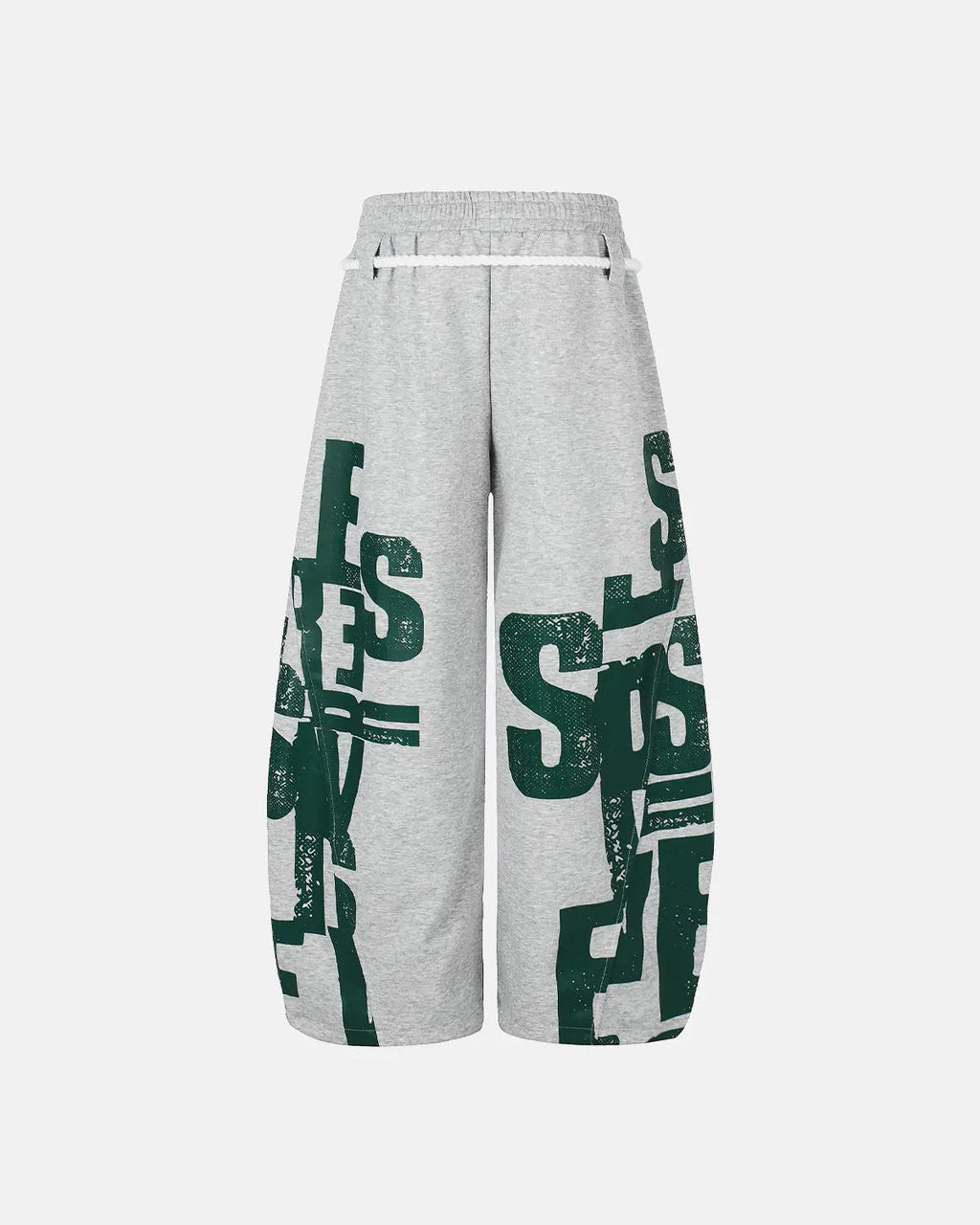 Graphic barrel sweatpants by INFLATION with bold streetwear design, shown in a close-up image highlighting the fabric and fit.
