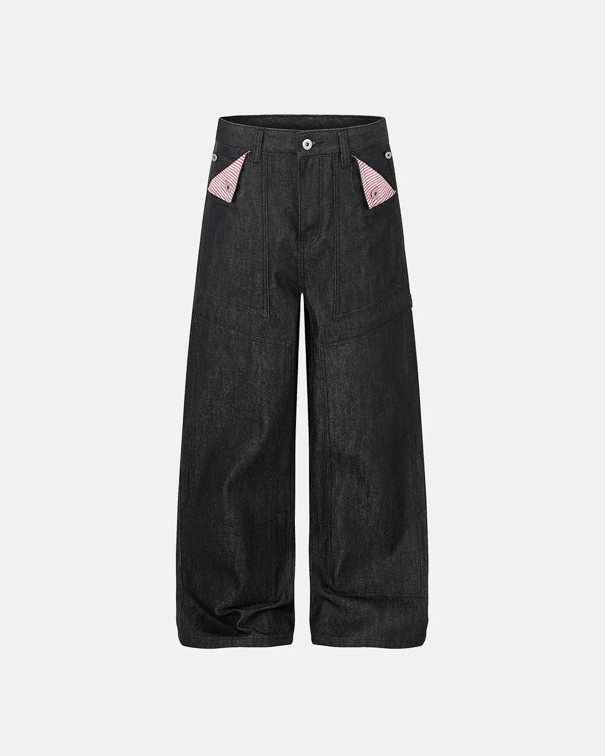 Deconstructed utility baggy jeans by INFLATION featuring a relaxed fit, multiple pockets, and distressed details in streetwear style.