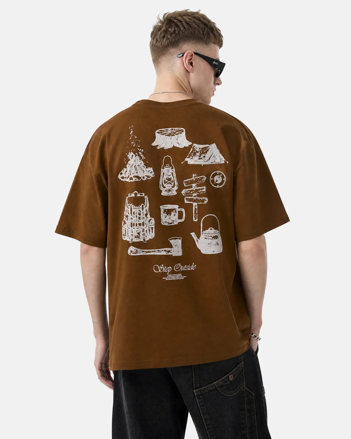 Inflation Streetwear camping graphic cotton T-shirt featuring outdoor adventure print on a casual men's tee
