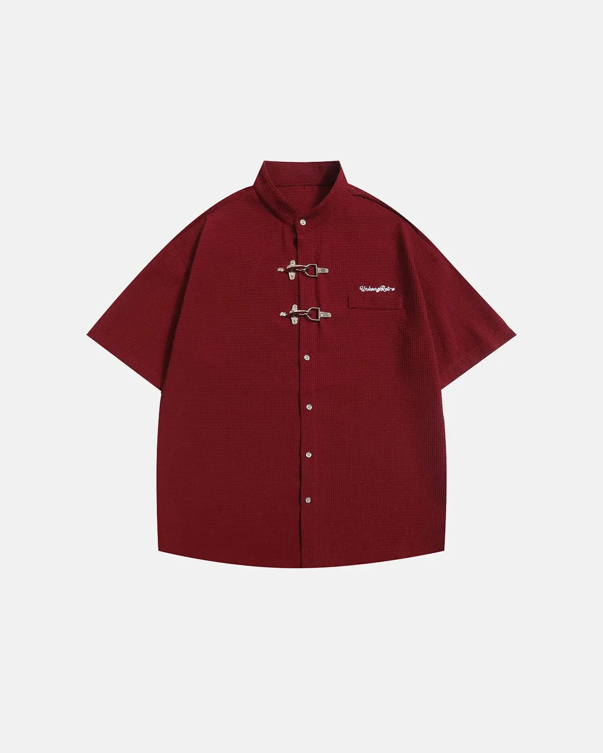 Inflation Streetwear waffle shirt featuring metal clasp detail, casual long-sleeve shirt with textured fabric and stylish design.