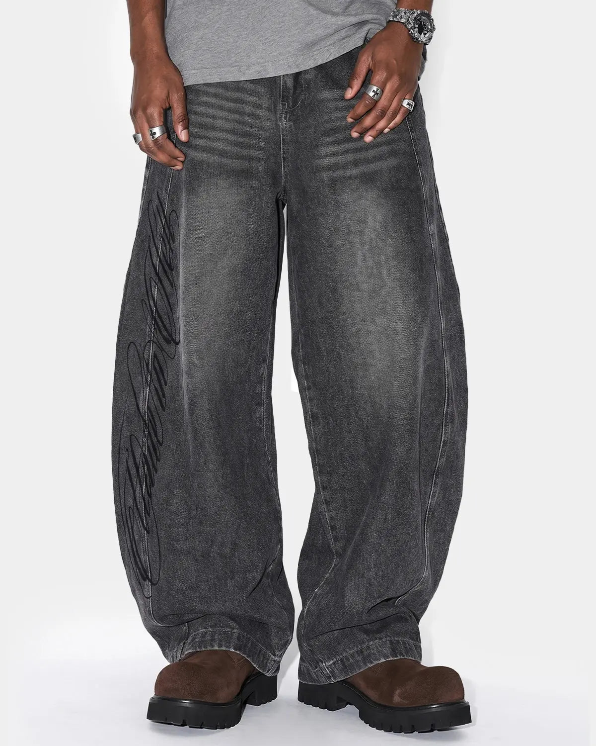 Inflation Script Graphic Washed Barrel Jeans, casual men's pants featuring a distressed denim look and bold script detailing.