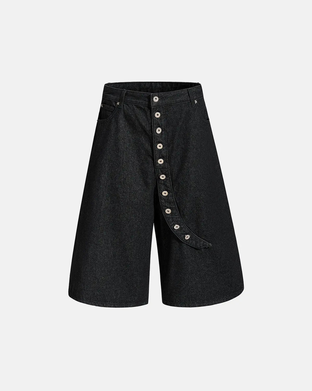 Asymmetric button raw denim jorts by INFLATION, featuring distressed raw denim fabric and unique asymmetric design.
