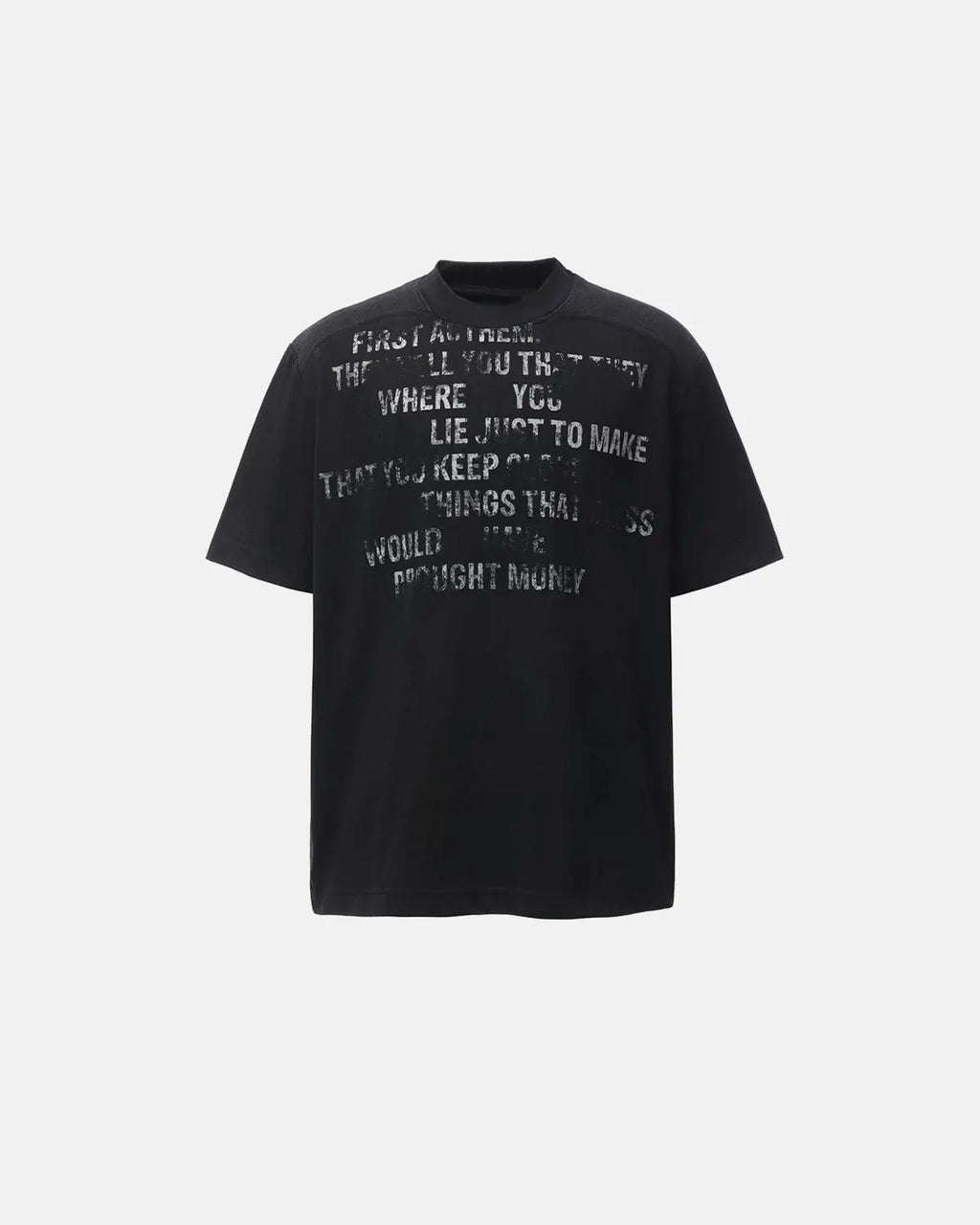 Inflation Streetwear mock neck distressed graphic T-shirt with bold print, casual streetwear style, on a neutral background.