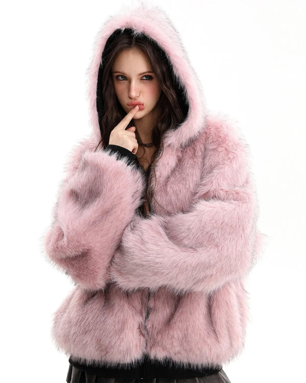 Reversible faux fur hooded jacket by INFLATION, stylish streetwear with plush fur and sleek design, shown on a model.