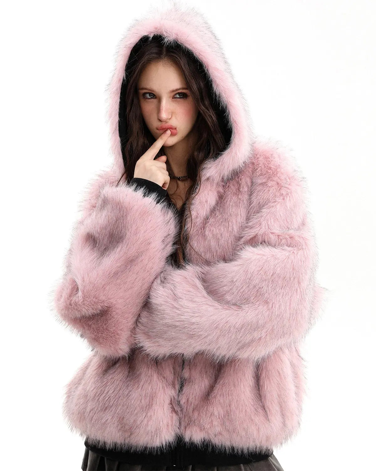 Reversible faux fur hooded jacket by INFLATION, stylish streetwear with plush fur and sleek design, shown on a model.