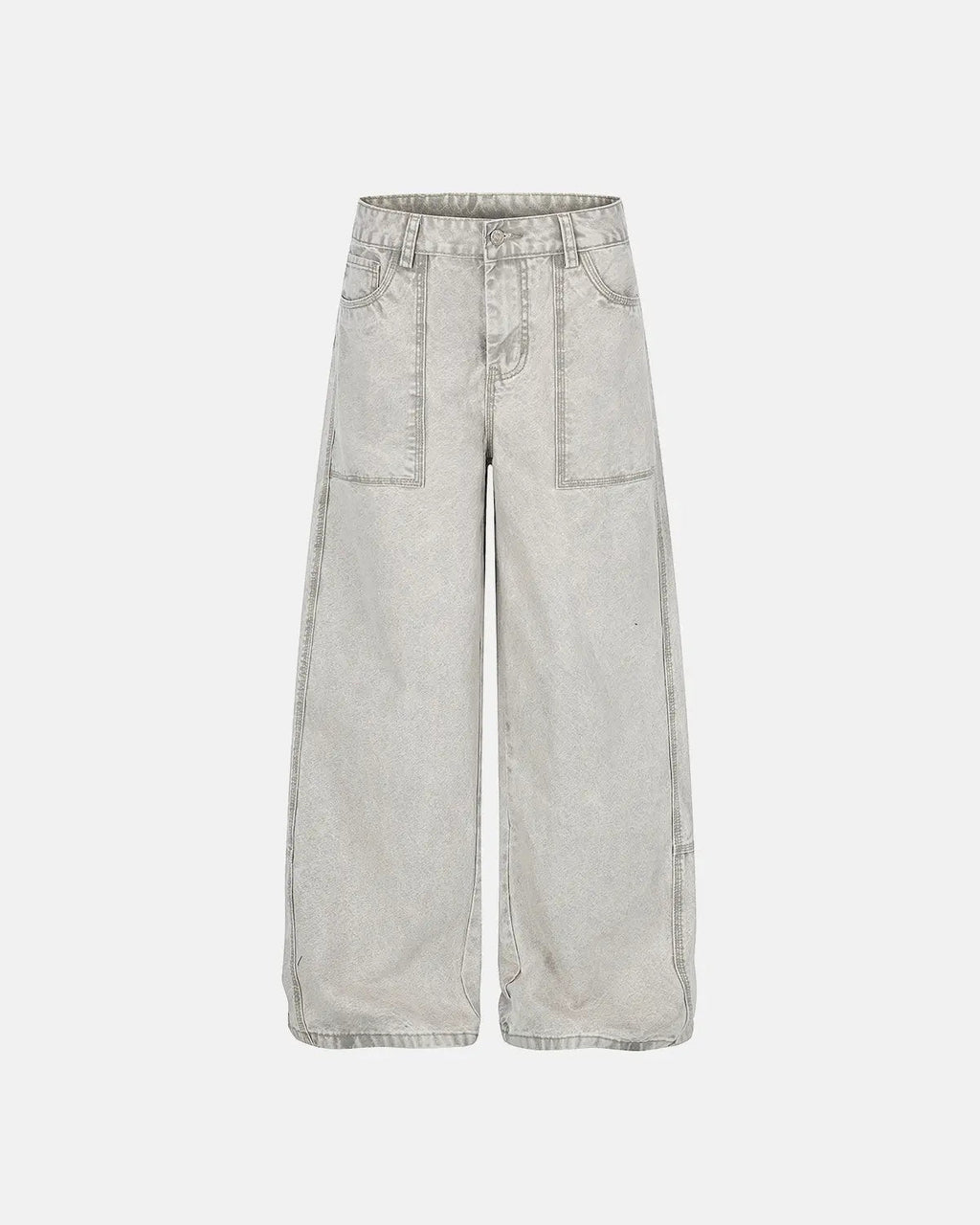 Deconstructed distressed barrel jeans by INFLATION Streetwear featuring ripped details and a relaxed fit, shown in a front view.