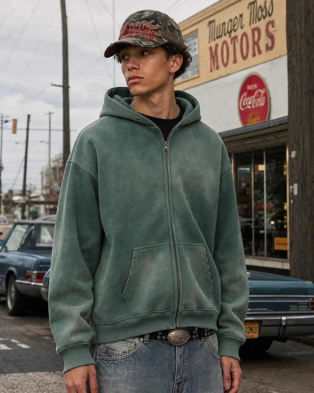 Flation Monkey Wash zip-up hooded jacket in blue with front pockets and adjustable drawstrings, casual streetwear style.