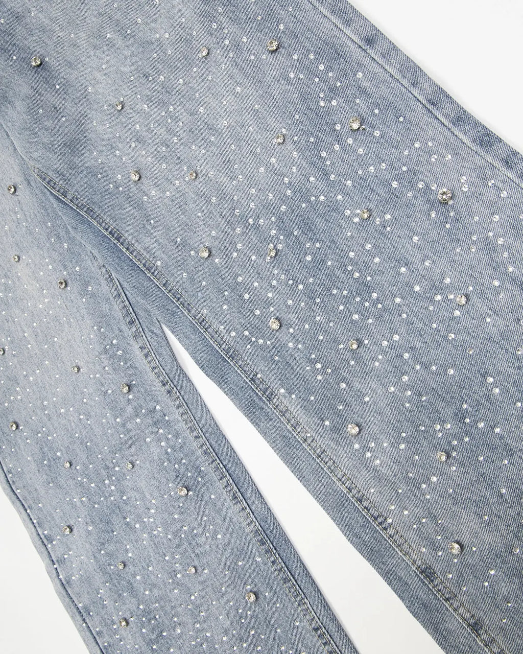 Flation studded rhinestone baggy jeans featuring embellishments, relaxed fit, and streetwear style for a bold fashion statement.