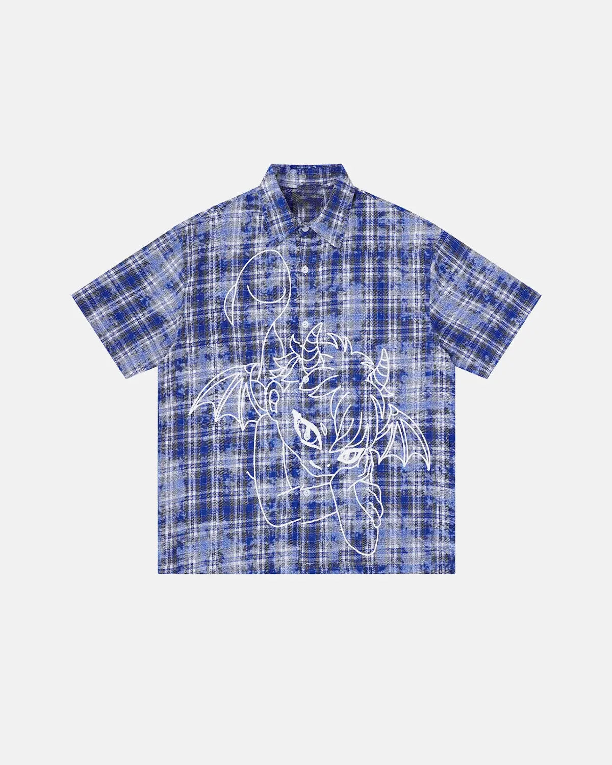 Inflation Streetwear devil embroidered plaid shirt with red and black checkered pattern, featuring a devil design embroidery.
