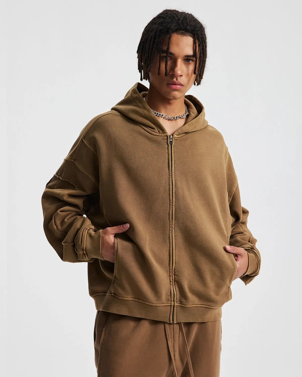 Acid wash stitching zip-up hoodie by INFLATION Streetwear, featuring a casual fit and detailed stitching on the front.
