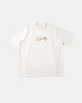 Inflation Streetwear Rhinestone Lucky graphic oversized T-shirt with bold design and vibrant rhinestone accents on white fabric.