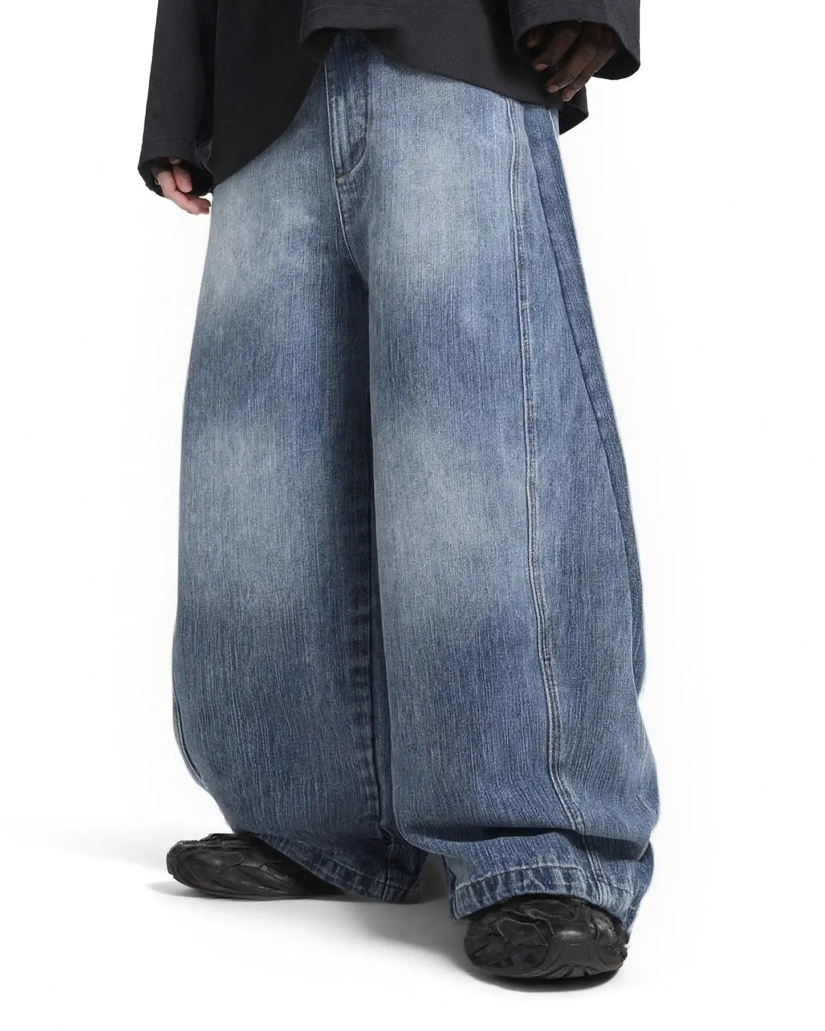 Bamboo weave barrel jeans by INFLATION Streetwear featuring unique textured denim and relaxed fit style.
