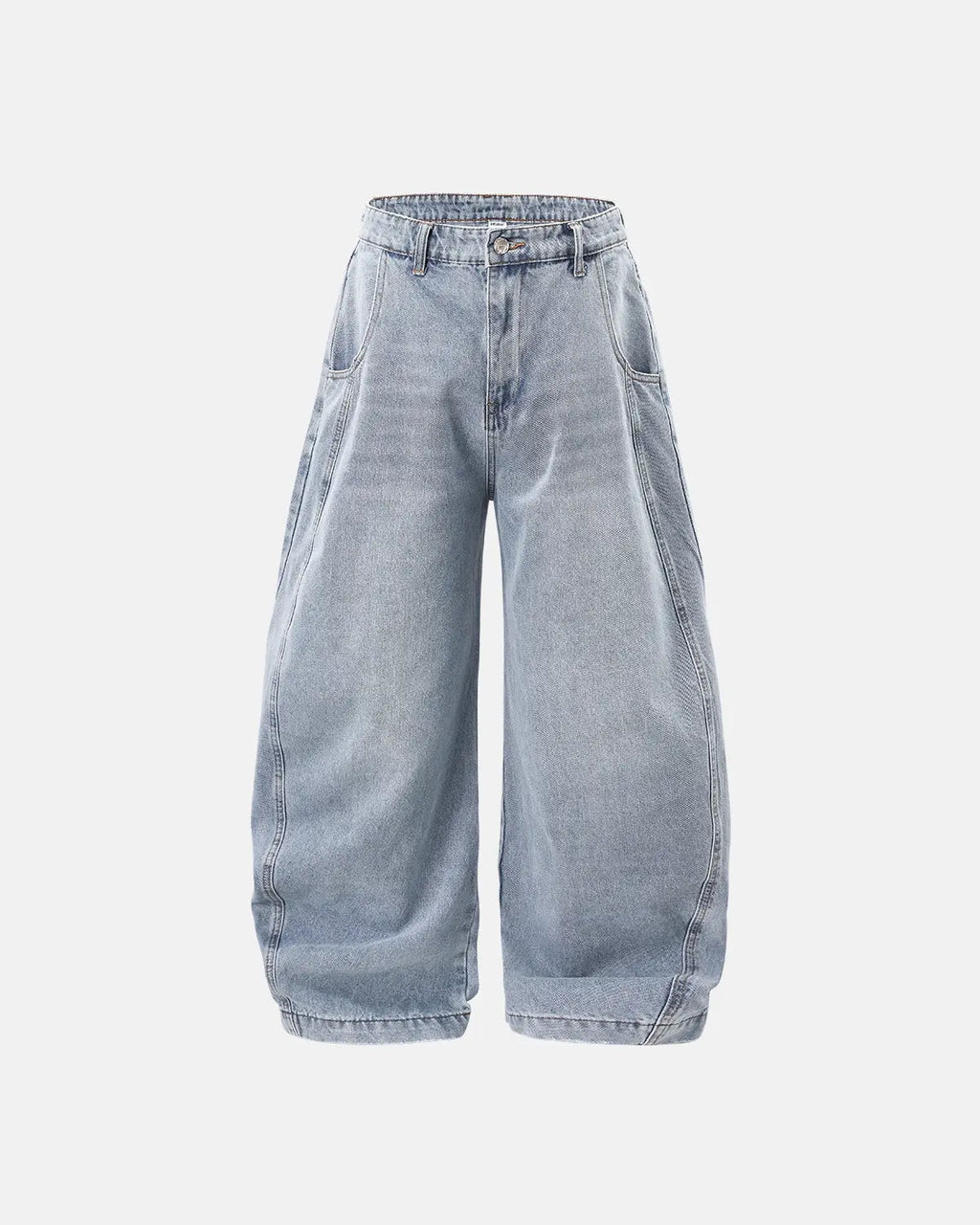 Flation streetwear acid washed distressed barrel jeans, showing faded denim with rips and frayed details, casual style pants.