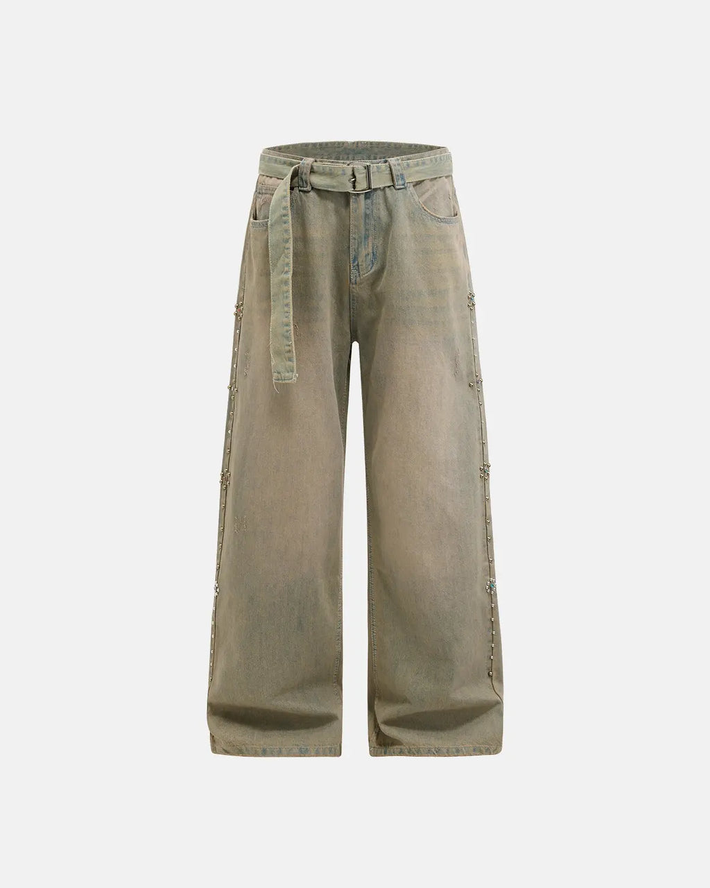 Beaded studded washed baggy jeans by INFLATION Streetwear with distressed details and loose fit, showcased on a model.