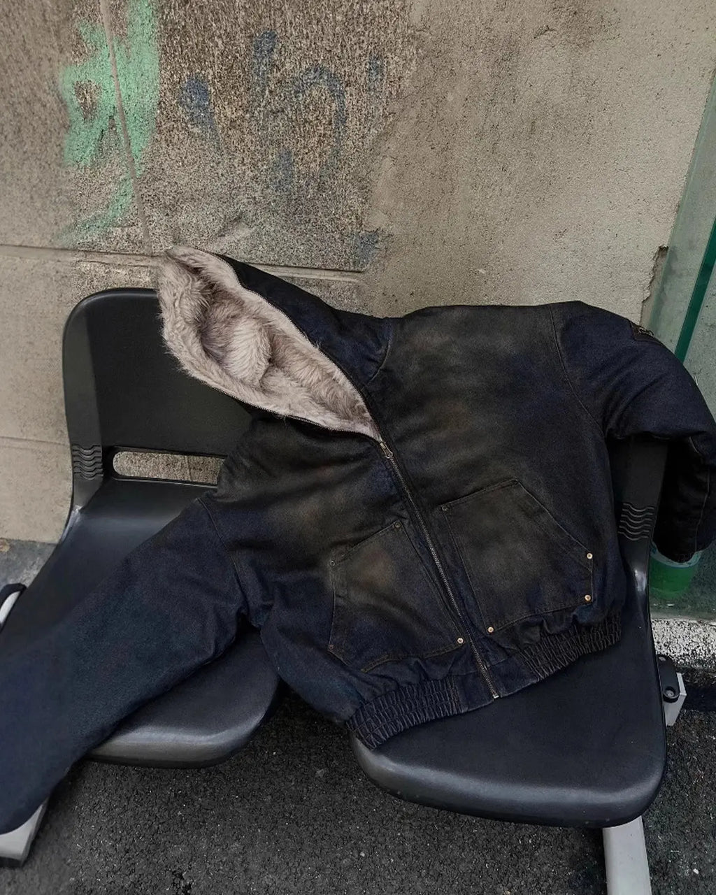 Inflation streetwear faux fur lined acid wash bomber jacket with ribbed cuffs and collar, stylish and warm for casual wear.