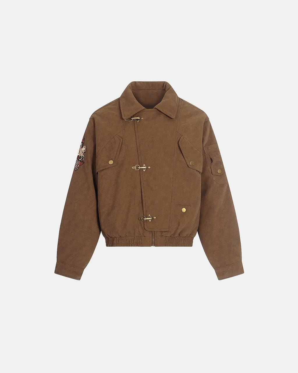 Inflation Streetwear horse embroidery suede padded jacket with clasp closure, featuring detailed horse design and quilted padding.