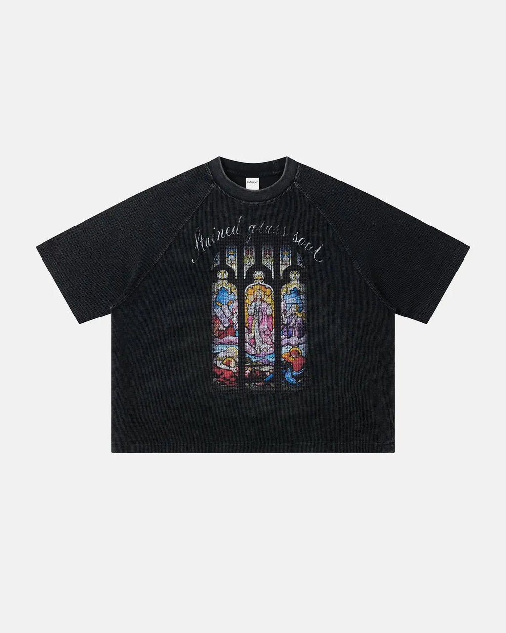 Inflation Streetwear washed graphic boxy waffle T-shirt featuring a casual, relaxed fit with bold graphic design on soft fabric.