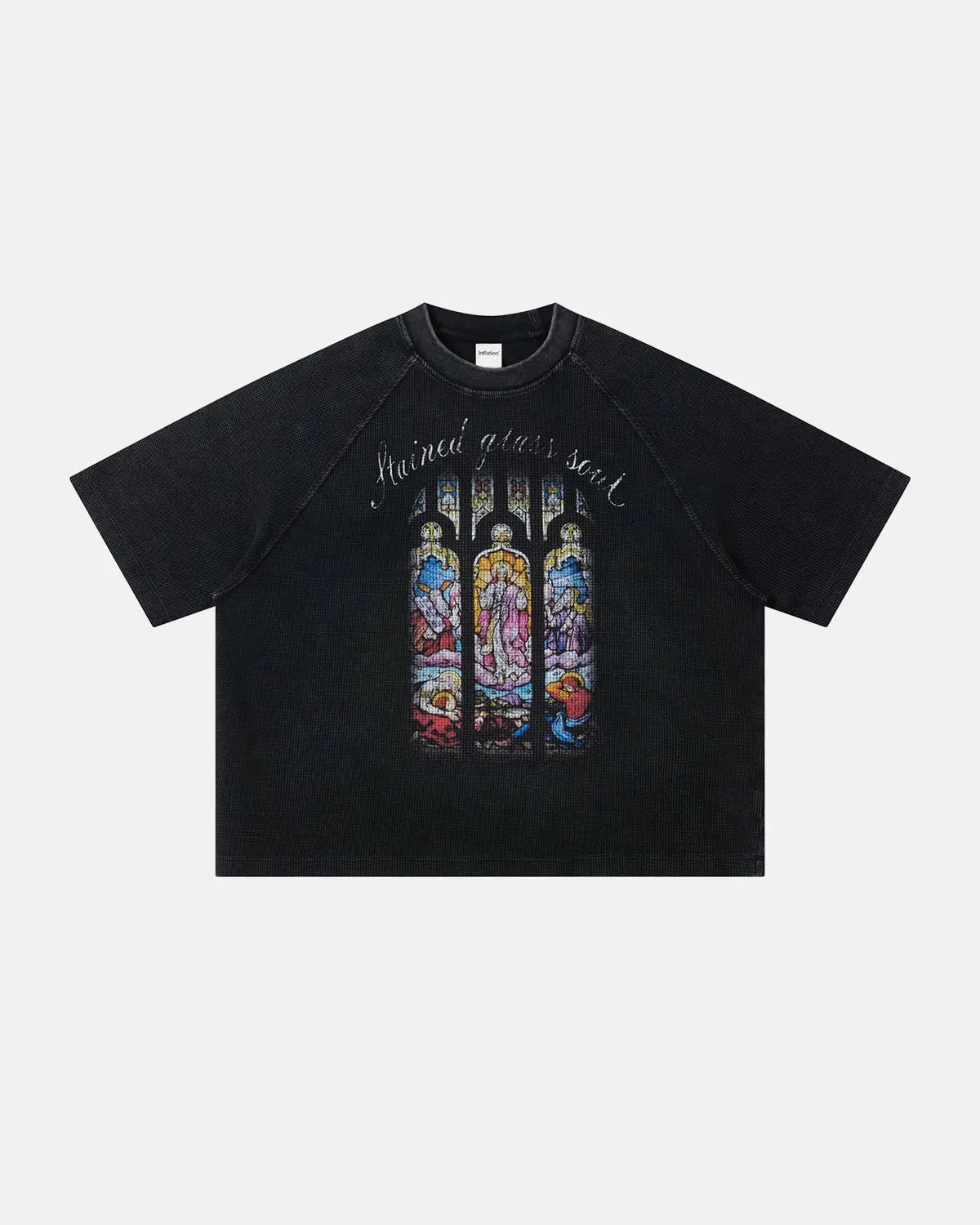 Inflation Streetwear washed graphic boxy waffle T-shirt featuring a casual, relaxed fit with bold graphic design on soft fabric.