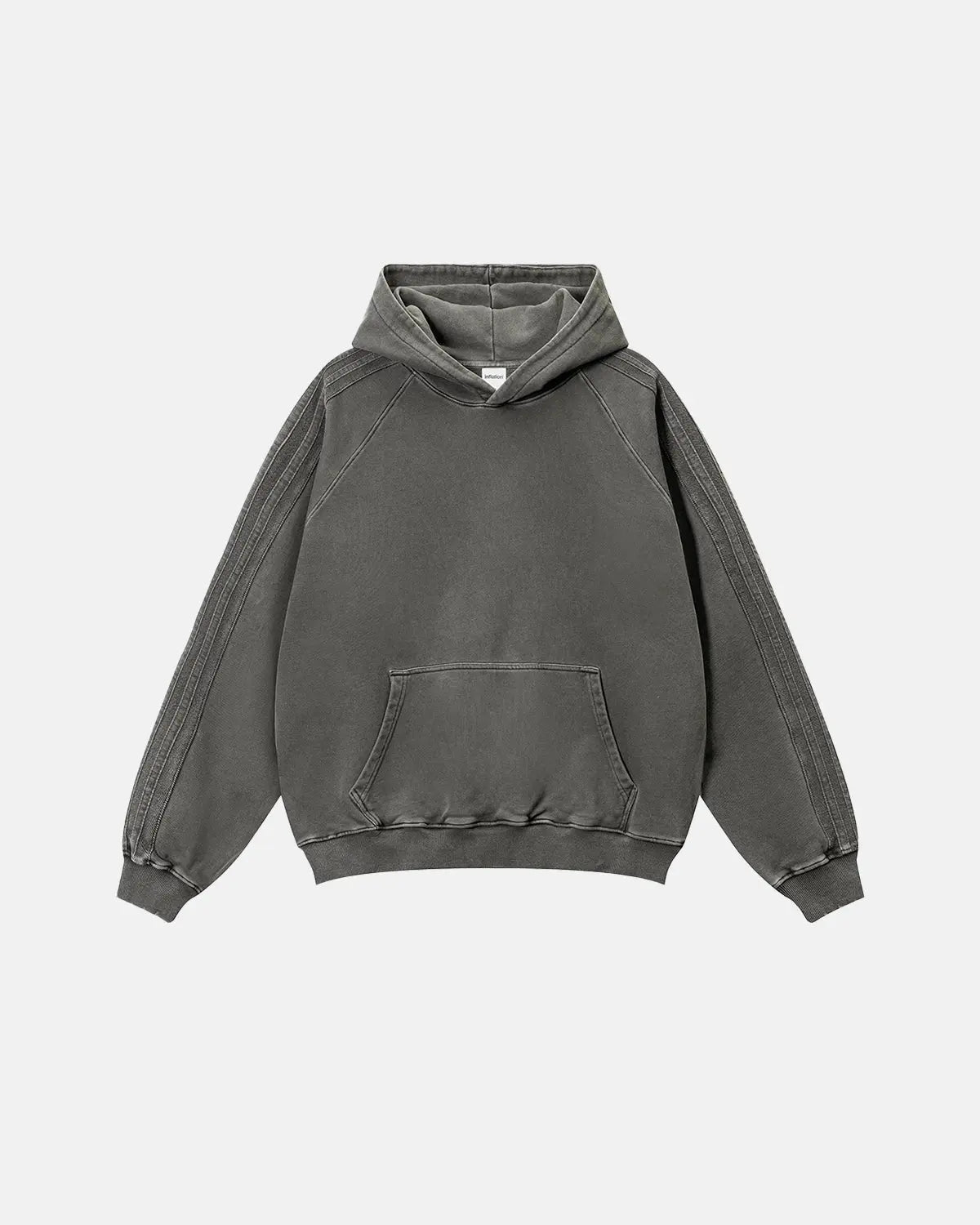 Inflation Streetwear frayed seam acid wash hoodie with distressed details and casual fit, shown in a close-up view.