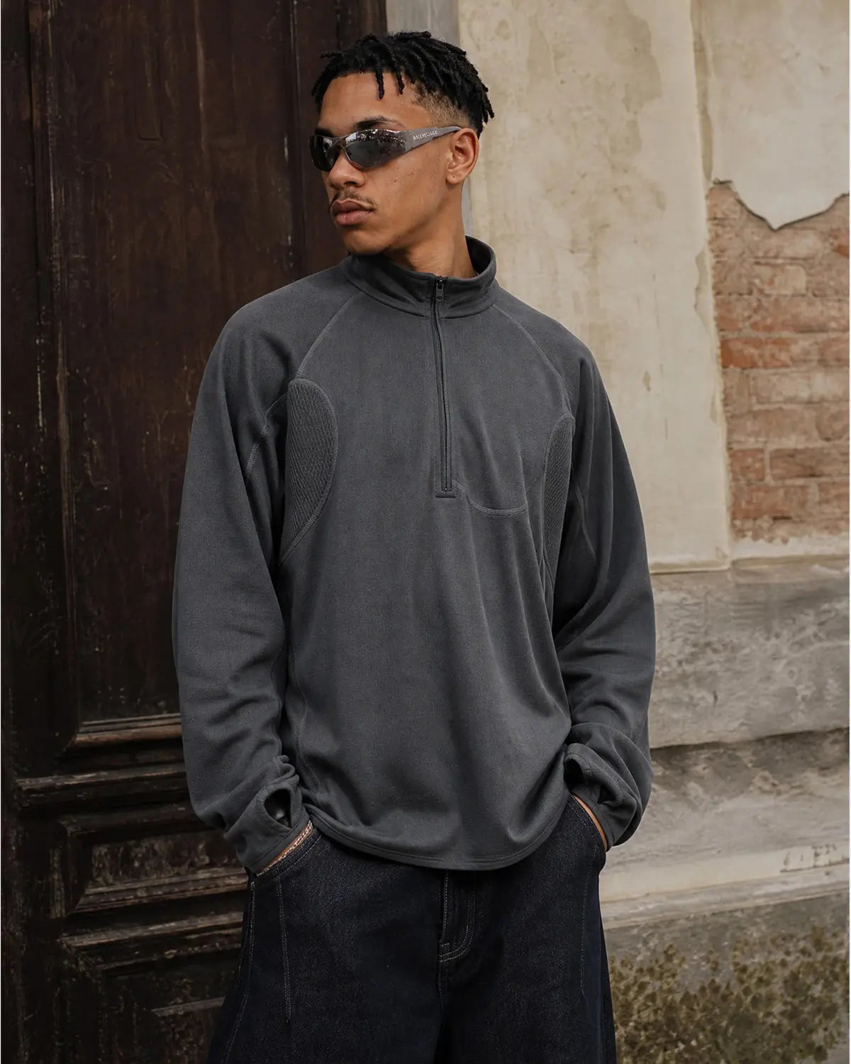 Inflation Streetwear breathable grid fleece half-zip sweatshirt with stylish design and comfortable fit, shown on model.
