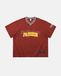 Retro V-neck jersey by INFLATION featuring classic streetwear style and detailed knit fabric in vibrant colors.