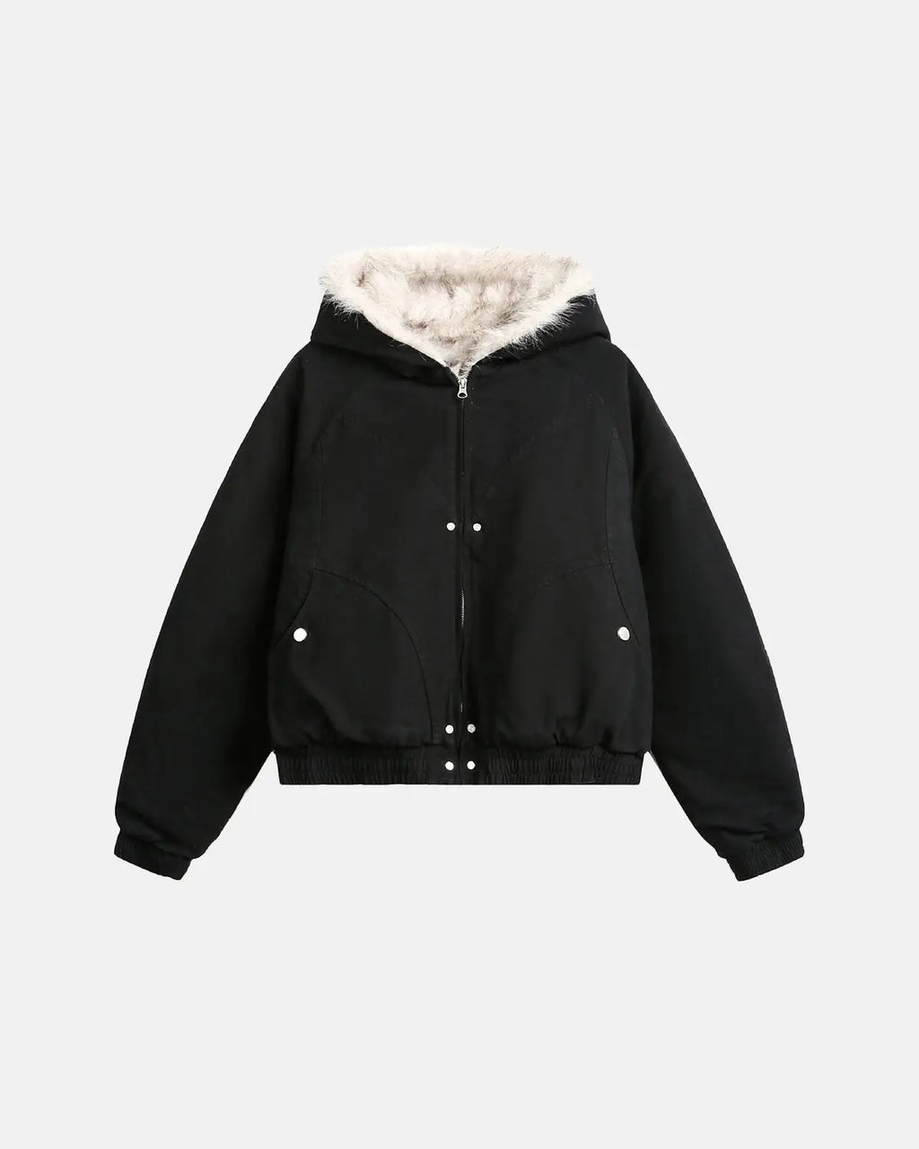 Inflation streetwear faux fur-lined bomber hooded jacket with zip closure and ribbed cuffs, stylish winter outerwear.