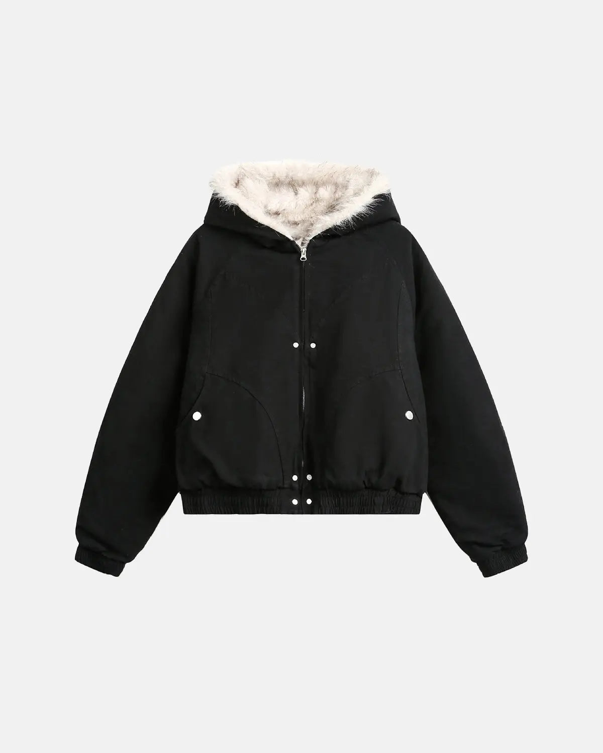 Inflation streetwear faux fur-lined bomber hooded jacket with zip closure and ribbed cuffs, stylish winter outerwear.