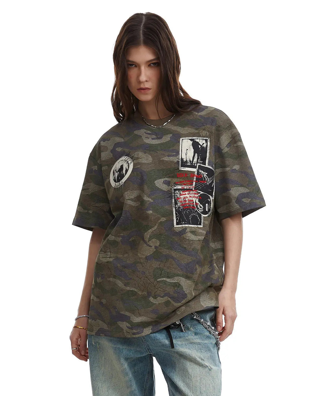 Vintage camo patch graphic T-shirt by INFLATION featuring military-inspired camouflage and bold patch design.
