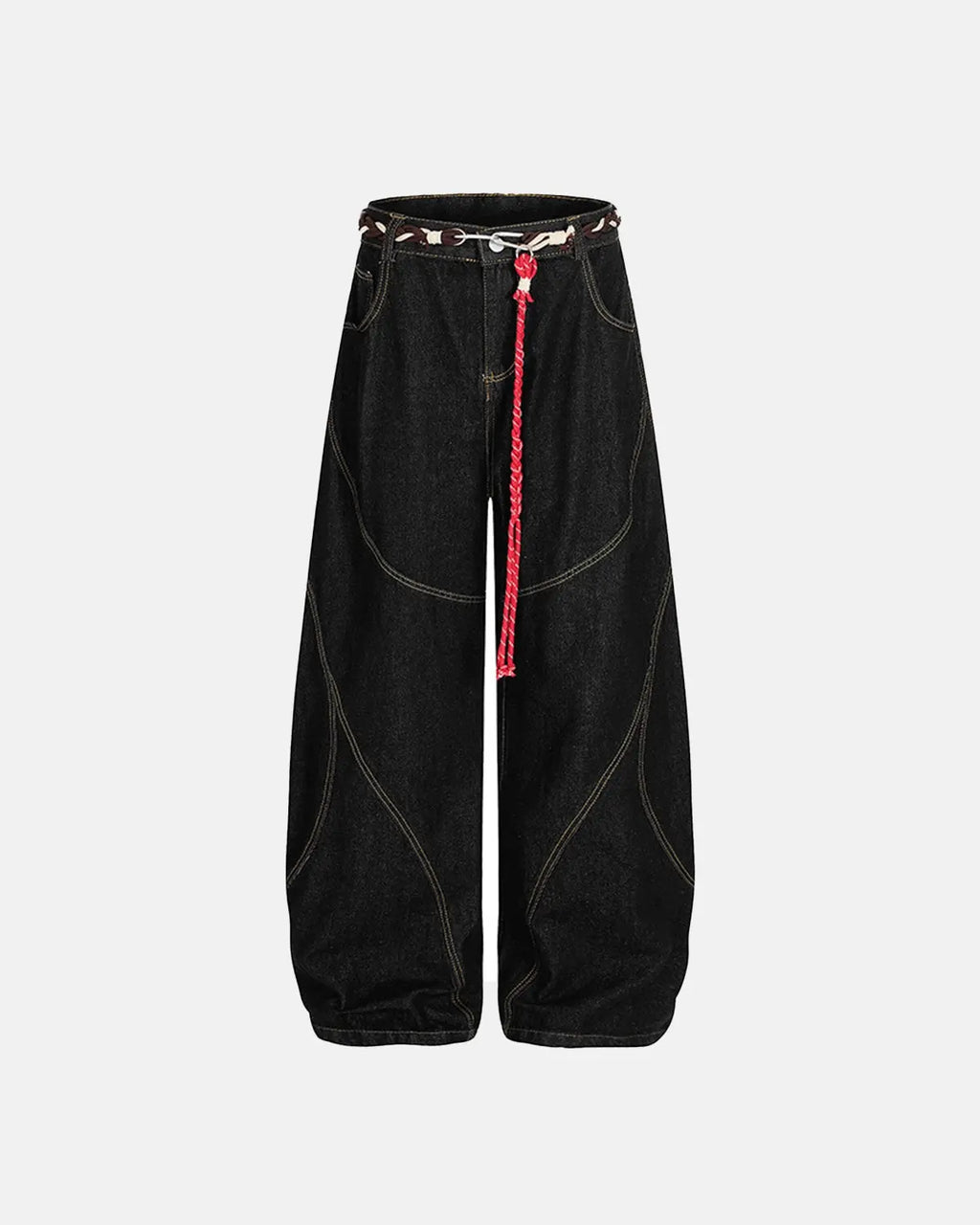 Flation Acid Wash Stitching Baggy Jeans showing distressed denim, baggy fit, and prominent stitching details.