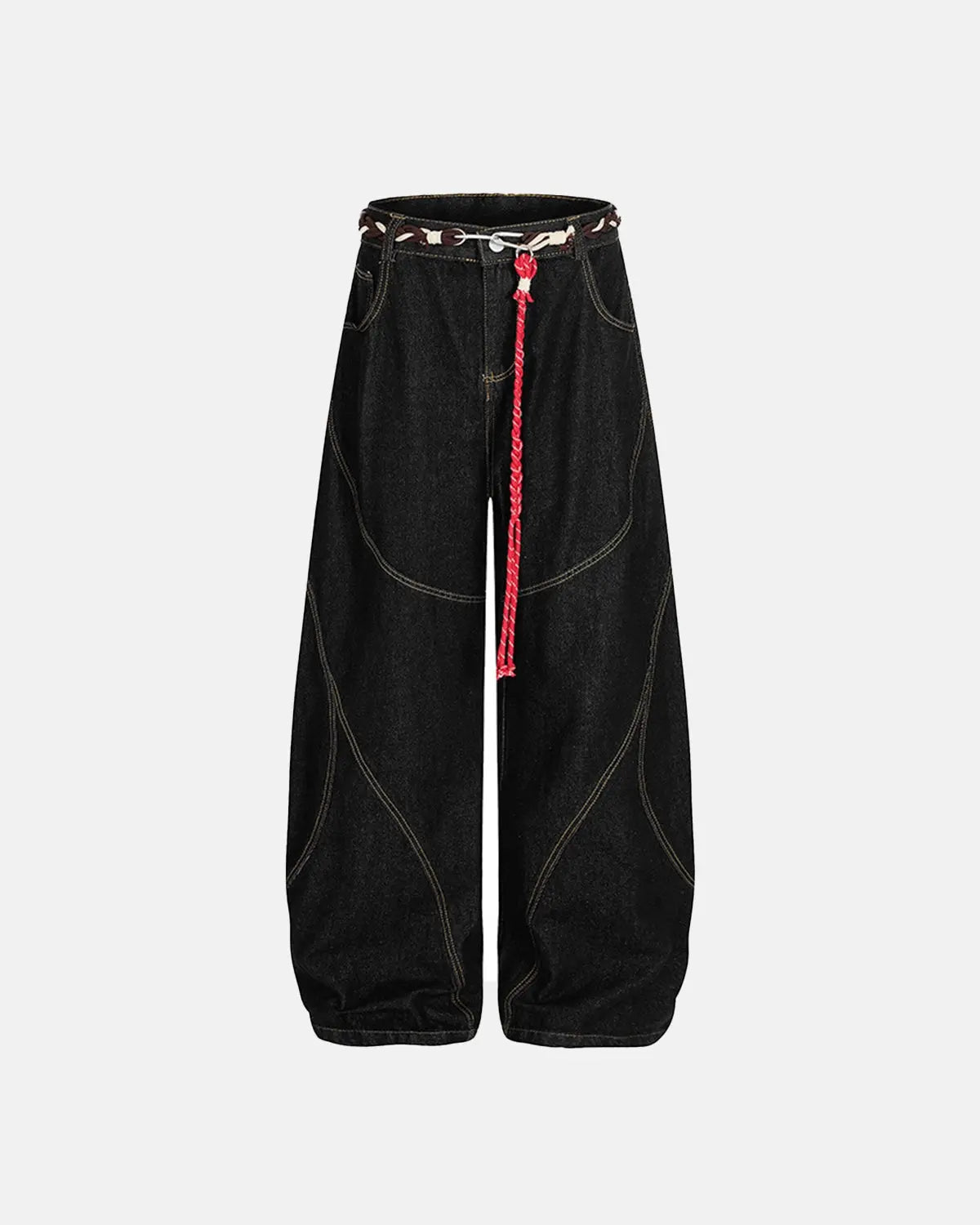 Flation Acid Wash Stitching Baggy Jeans showing distressed denim, baggy fit, and prominent stitching details.