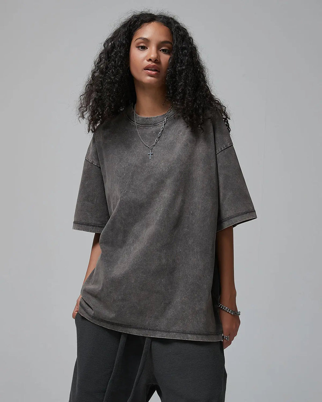 Wax washed mock neck T-shirt by INFLATION featuring a comfortable fit and streetwear style, shown in a close-up view.