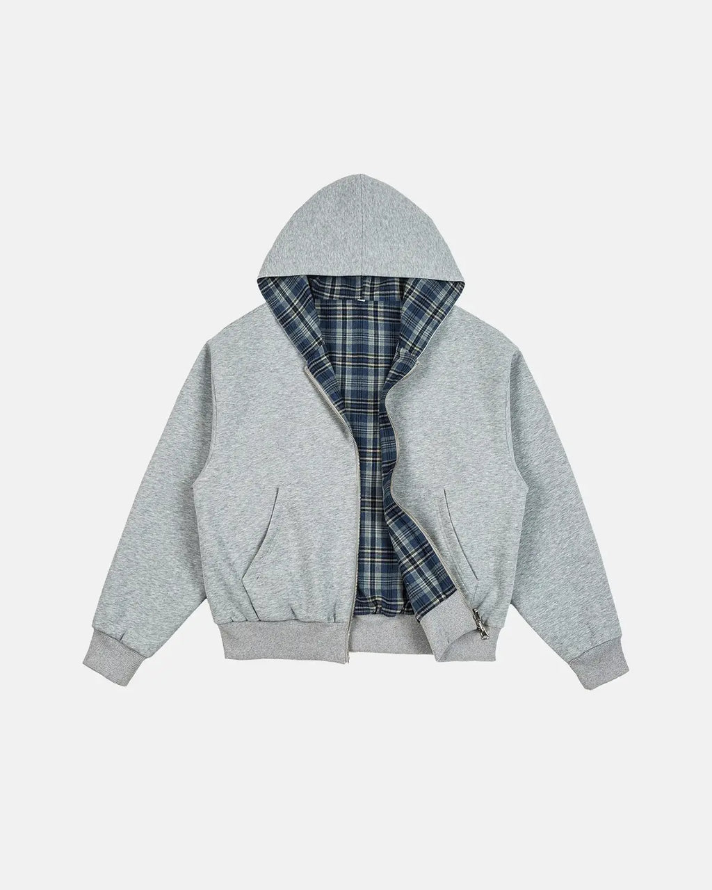 Reversible plaid cropped hoodie by INFLATION, featuring a stylish plaid pattern and casual streetwear design.