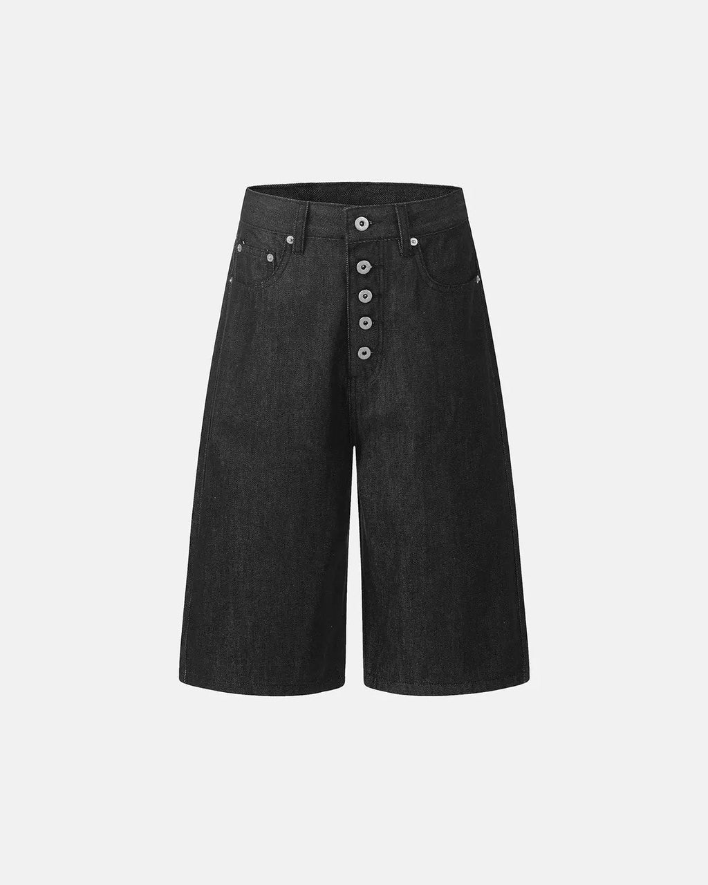 Inflation brand baggy denim jorts with button details, casual streetwear pants featuring a relaxed fit and distressed style.