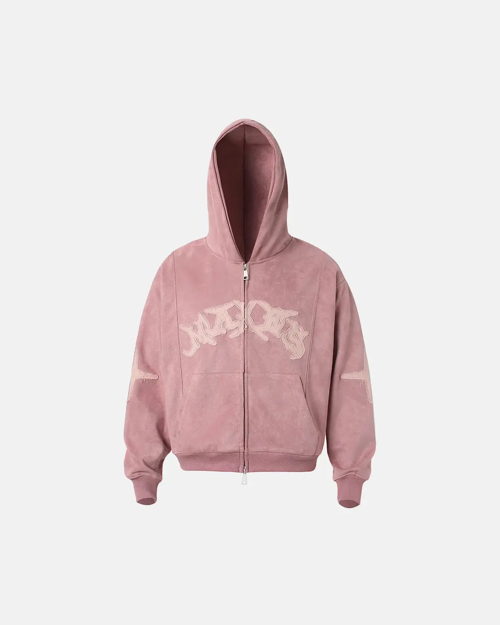 Inflation streetwear suede patch embroidery zip hoodie featuring embroidered patches and a front zipper, casual urban style.